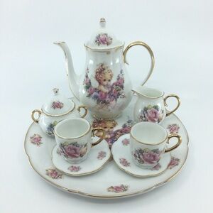 Vintage Children's Mini Tea Set White Porcelain Angel Pink Floral Gold Trim 10pc